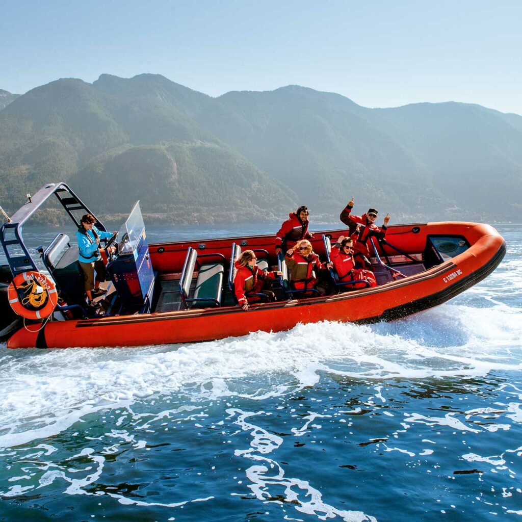 Group of people enjoying a raft ride on an swelling wave.