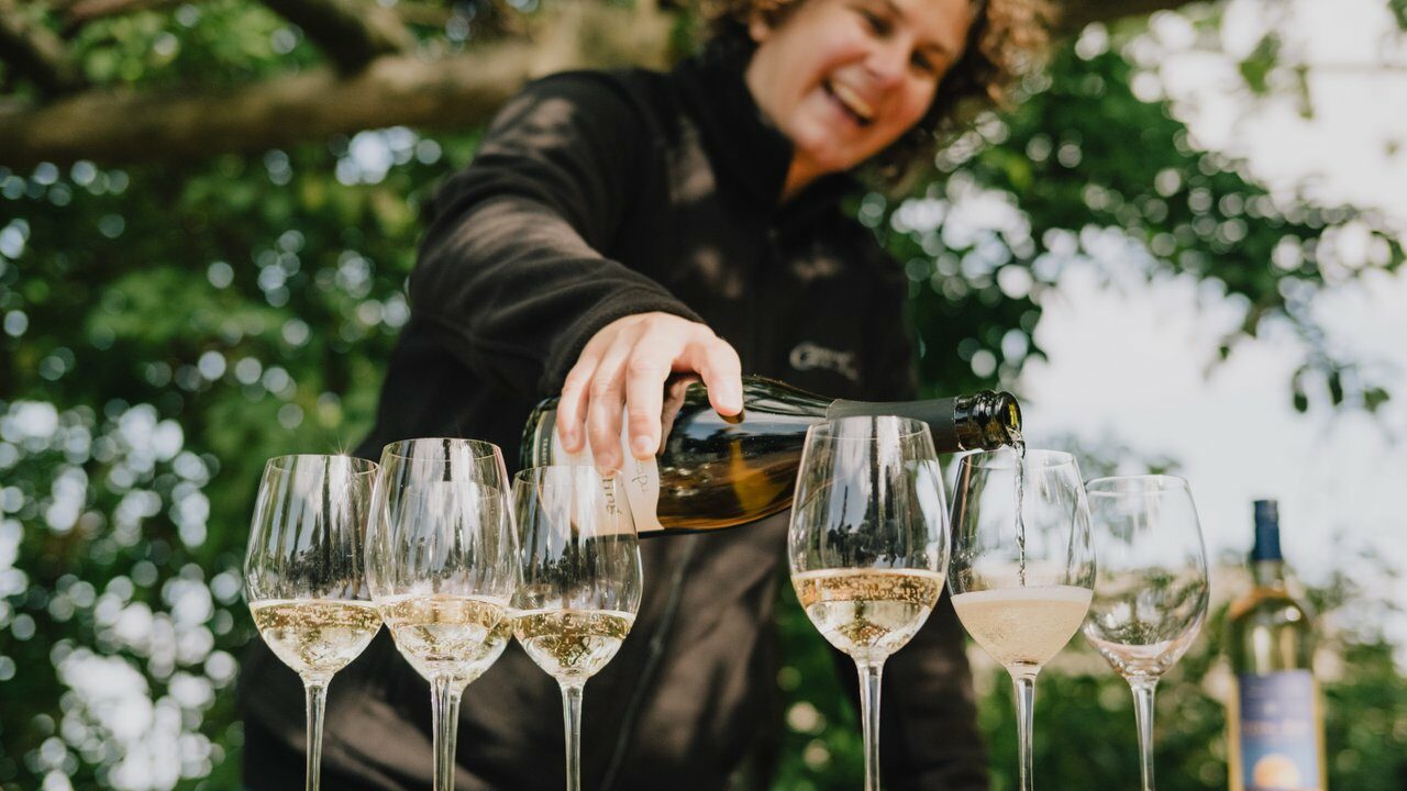 Person pouring six glasses of wine in an outdoor tasting setting.